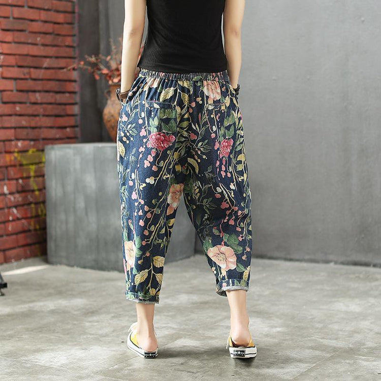 2021 Plus Size Floral Print Elastic Waist Women Autumn Jeans - Omychic