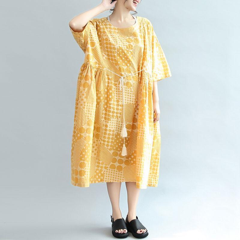 Round Neck Printing Lacing Summer Women Yellow Dress - Omychic