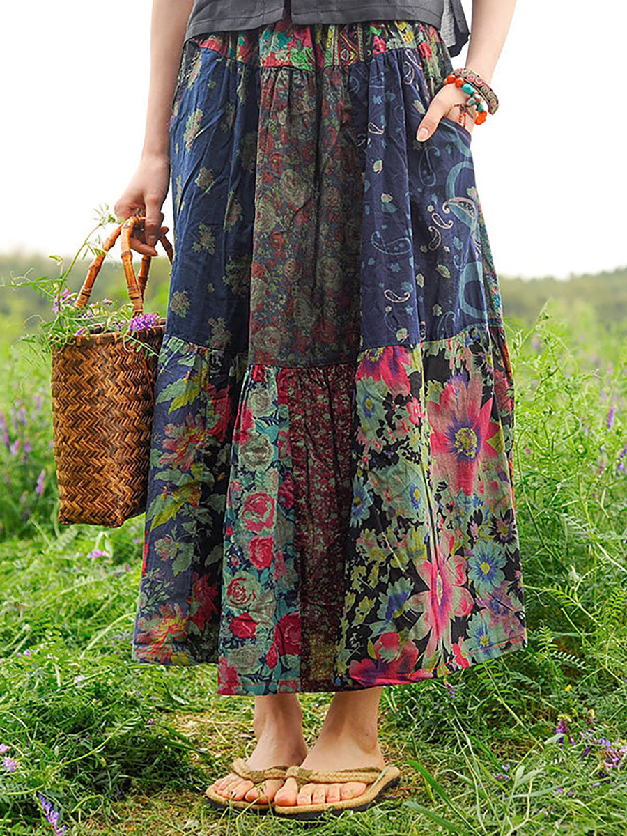 Retro Splicing Cloth Flower Printed Floral Skirt