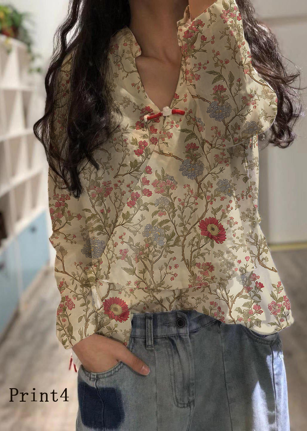 Bohemian white-Print2 linen Blouse v neck fall top