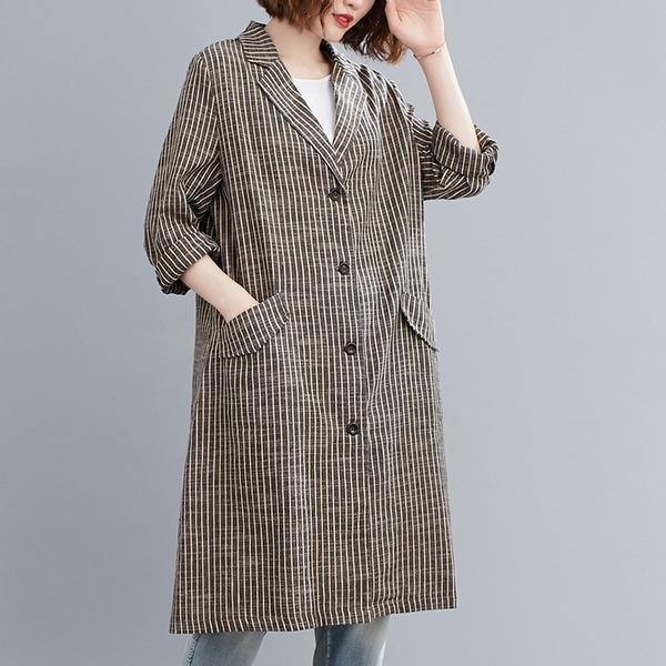 plus size cotton linen vintage stripe casual loose long autumn spring trench coat - Omychic