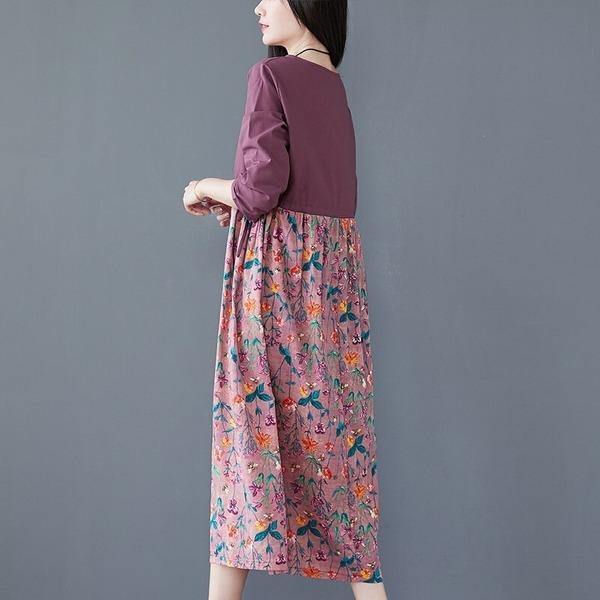 omychic cotton linen plus size vintage floral for women casual loose spring autumn dress - Omychic