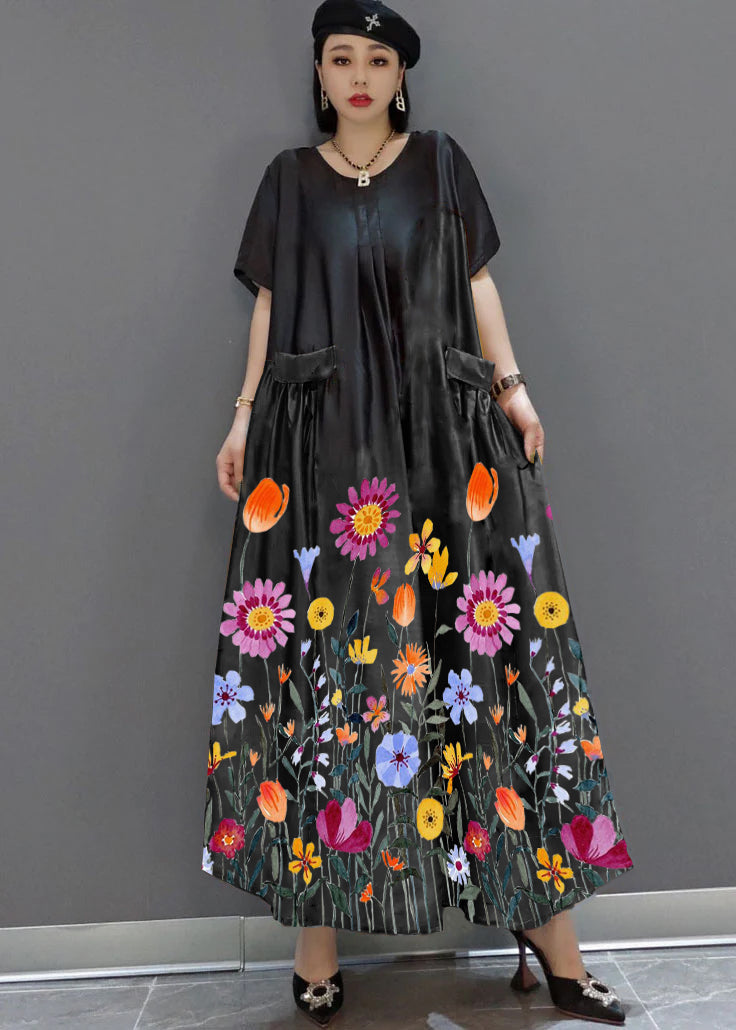 loose black-hem flower O-Neck Print Satin Maxi Dress Summer