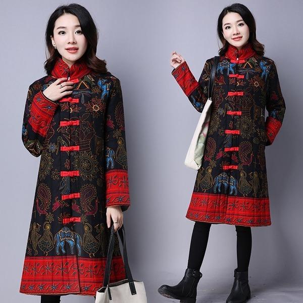 anteef plus size Cotton linen vintage floral clothes casual long loose autumn winter jacket - Omychic