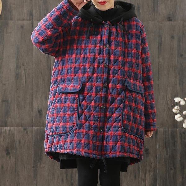 Hooded Plaid Parkas Vintage Button Coats Loose 2020 Pockets Female Casual Warm Parkas Coats - Omychic