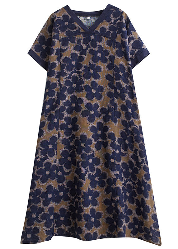 Vintage Blue V Neck Print Robe Dresses Short Sleeve