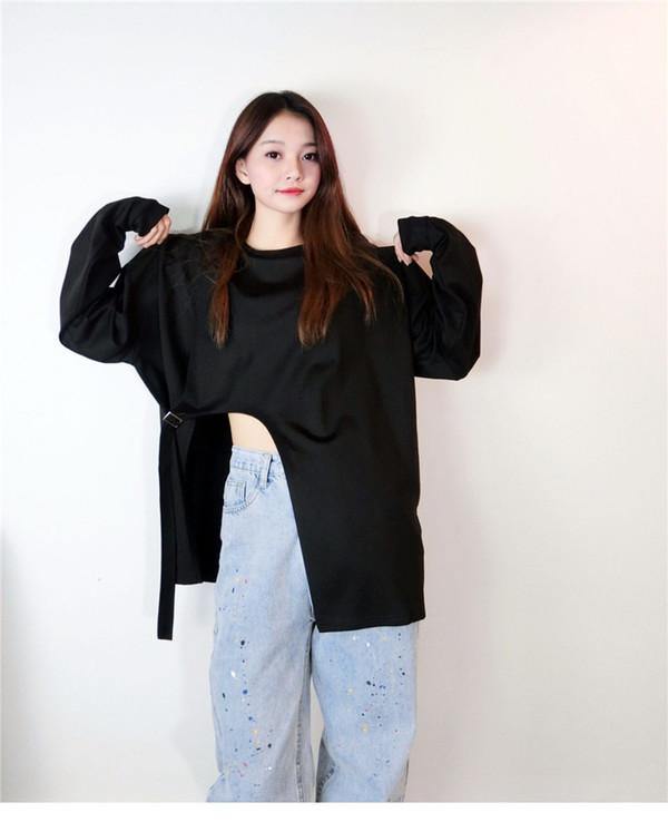 New Women Hollow Out Split Pleated Full Sleeve Drawstring 2020 Winter Loose Tee Top - Omychic