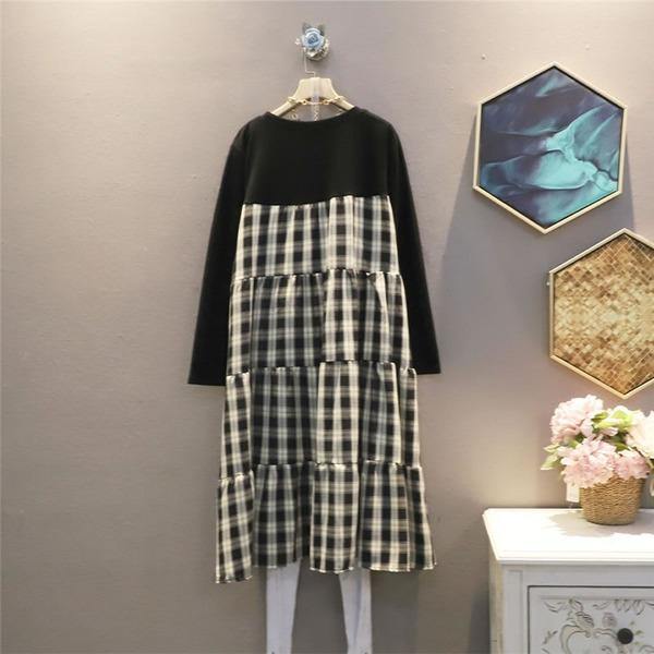 Patchwork Plaid Dress Women  All Match O Neck Full Sleeve Dress - Omychic