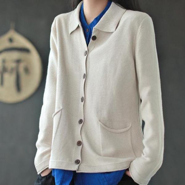 All-match Knitted Turn-down Collar Pockets Cardigan - Omychic