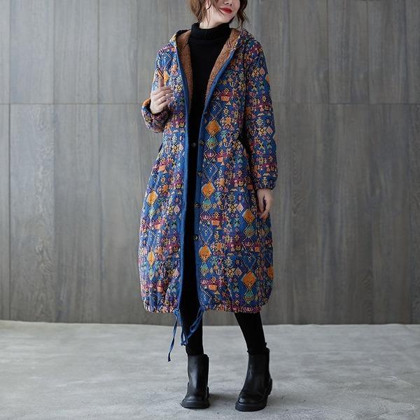 plus size hooded Cotton vintage floral casual long loose autumn winter jacket clothes women Coat 2020 outerwear - Omychic