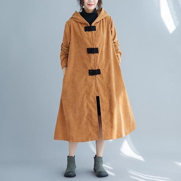 corduroy plus size solid vintage hooded women casual loose long autumn winter female trench coat 2020 clothes - Omychic