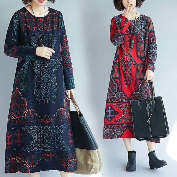 long sleeve cotton linen plus size vintage floral print women casual loose autumn dress elegant vestidos clothes 2019 dresses - Omychic