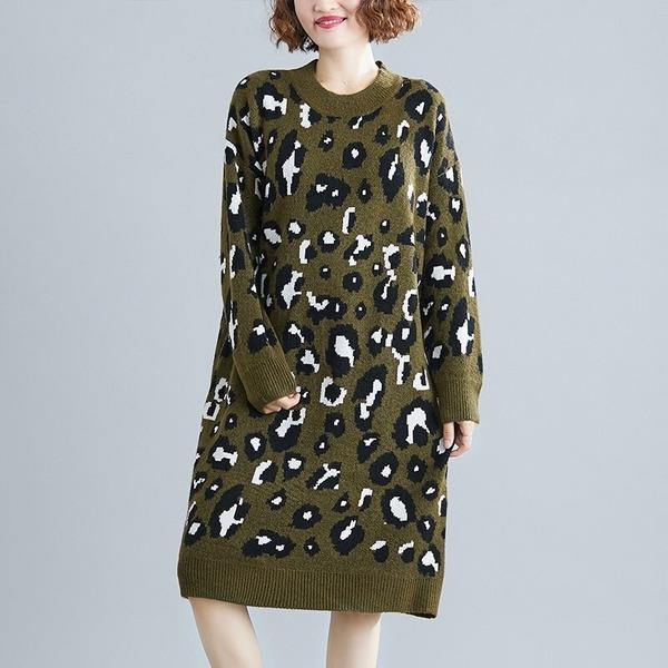 long sleeve plus size knitted leopard women casual loose midi autumn winter sweater elegant dress clothes - Omychic