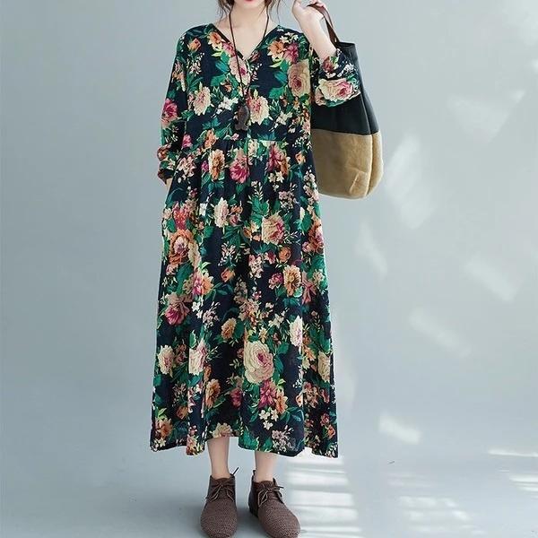 long sleeve plus size cotton linen vintage floral for women casual loose autumn dress - Omychic