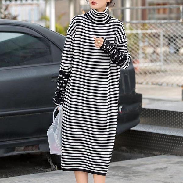 Women Dress Fashion New Turtleneck Striped Plus Size Loose Pleated 2020 Winter Minority Elegant Style Dress - Omychic