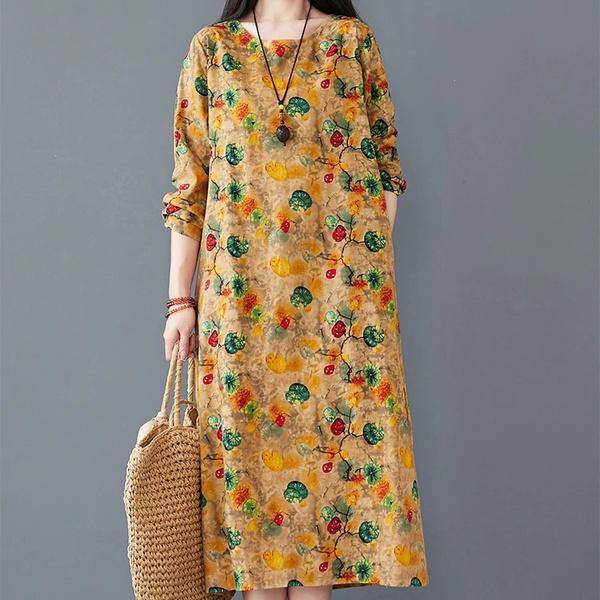 long sleeve cotton linen plus size vintage floral for women casual loose spring autumn dress - Omychic