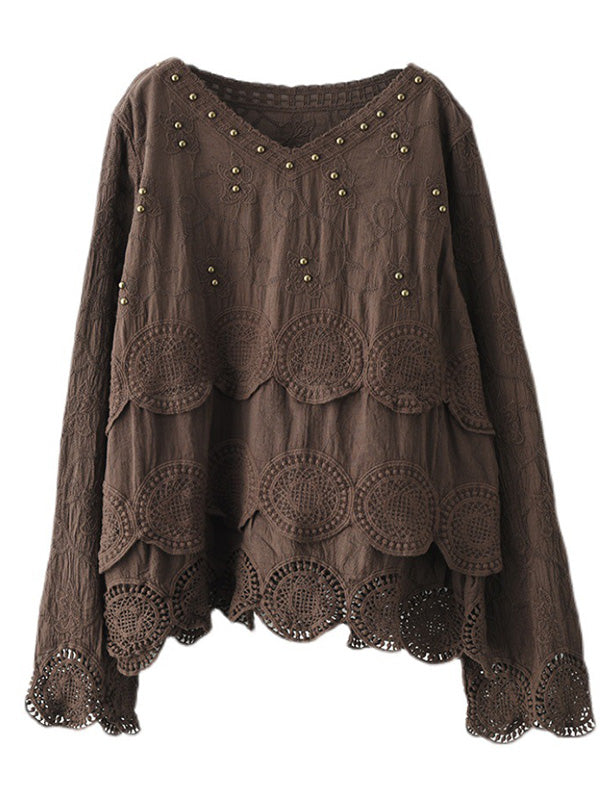 Black & Coffee Lace Hollow V-Neck Long Sleeve Shirts