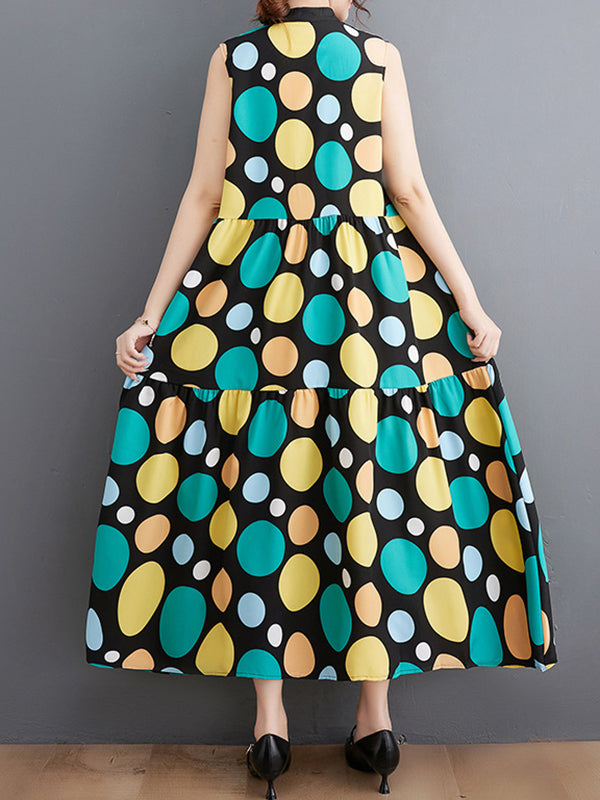 Polka Dot Casual Stand Collar Midi Dress