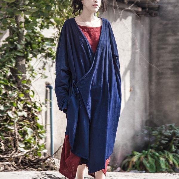 Women Cotton Linen Bandage Trench Coat  V-Neck Vintage Cardigan Irregular Clothes Trench - Omychic