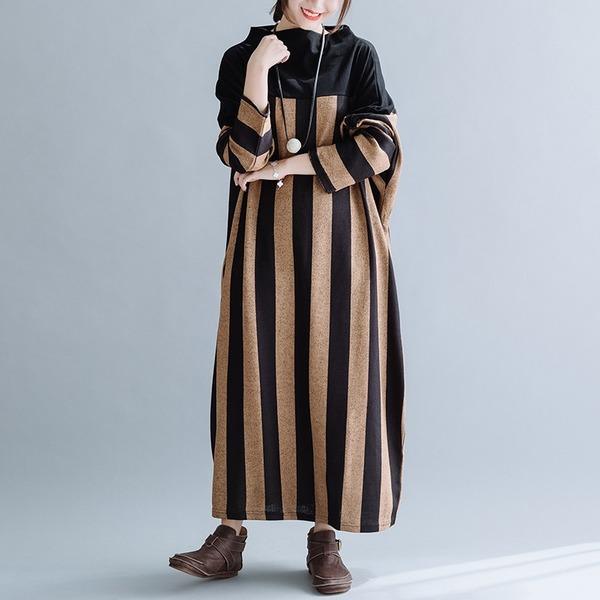 long sleeve plus size cotton wool vintage stripe for women casual loose autumn winter dress - Omychic