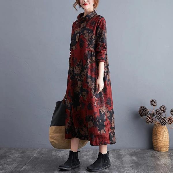 long sleeve plus size cotton wool vintage floral for women casual loose autumn winter dress - Omychic