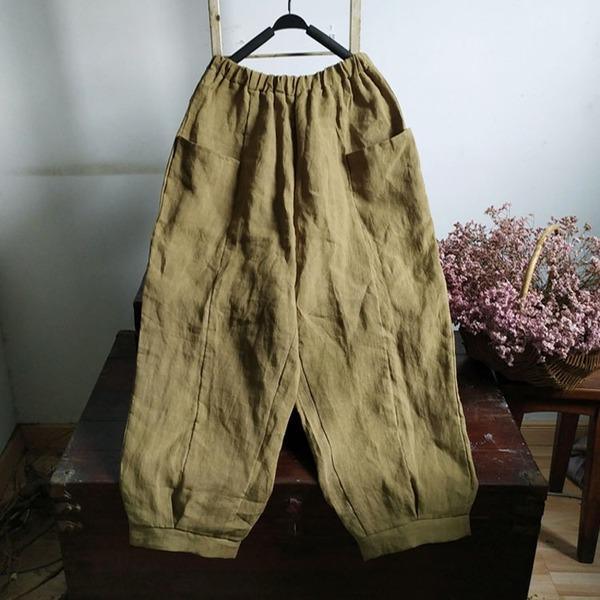 Loose Linen Solid Color Elastic Waist Pants Ladies Flax Vintage Trousers - Omychic