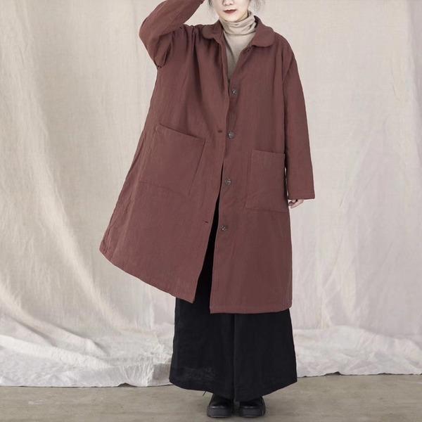 Women Vintage Cotton Linen Parkas Button Pockets Coats 2020 Autumn Solid Color Plus Size Parkas - Omychic