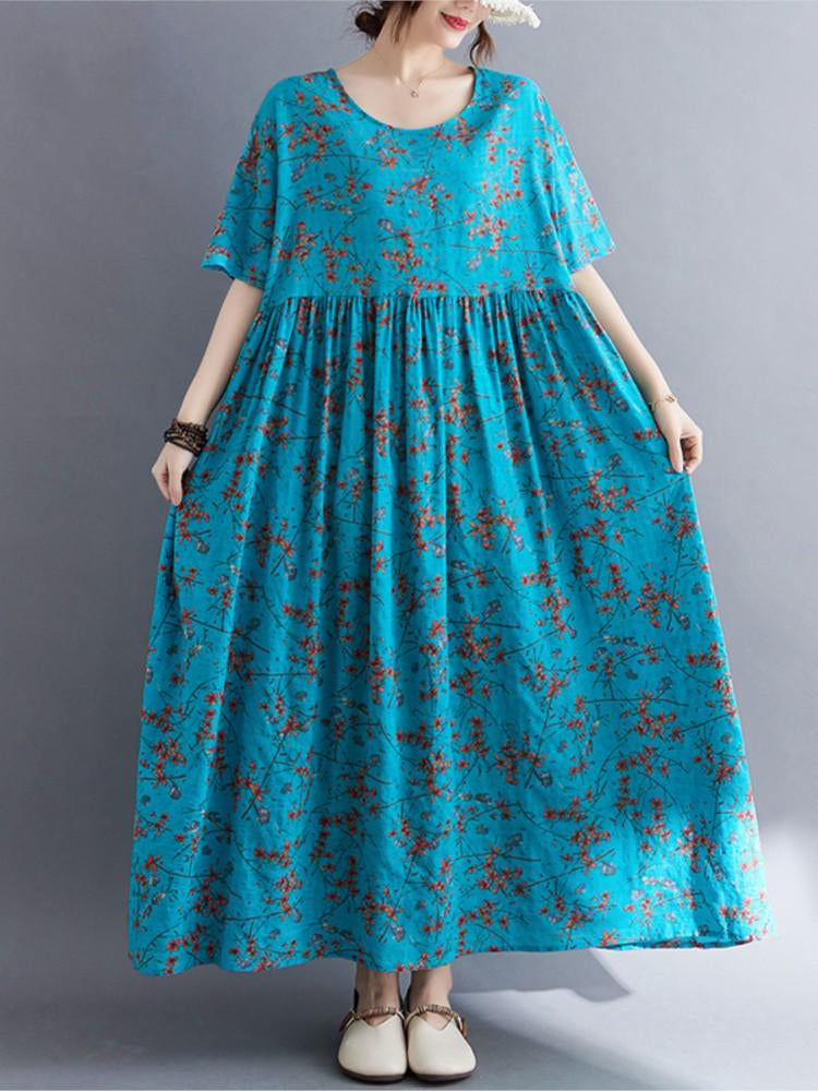 Fashion Print Cotton Linen Dress Boho Long Dress