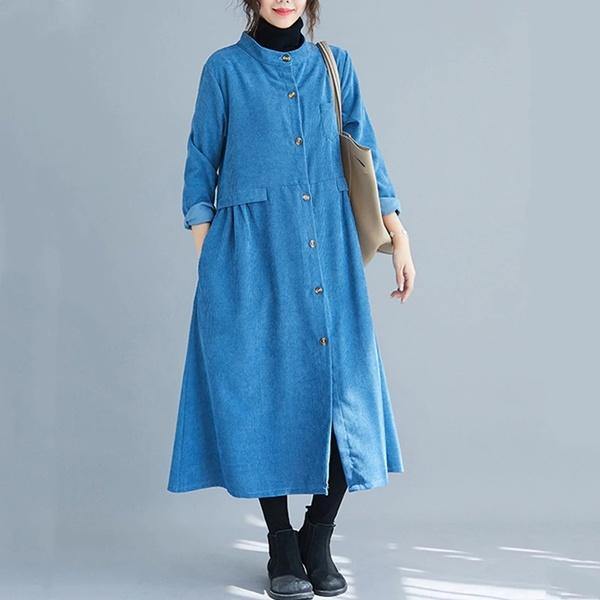 long sleeve plus size corduroy vintage for women casual loose autumn winter elegant shirt dress clothes - Omychic