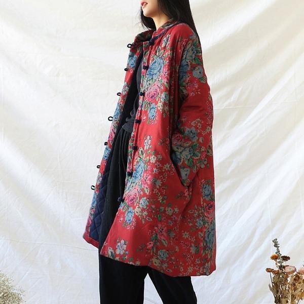 Women Red Print Floral Vintage Parkas Linen Pockets 2020 Winter New Chinese Style Parkas - Omychic