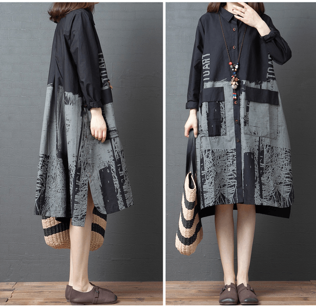 2020 Autumn Vintage Print Turn-down Collar Knee-length Female A-line Dresses - Omychic
