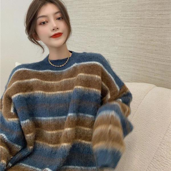 Contrast Color Stripe Knitting Sweater Women Winter New O neck Collar Pullover Loose  All-match - Omychic