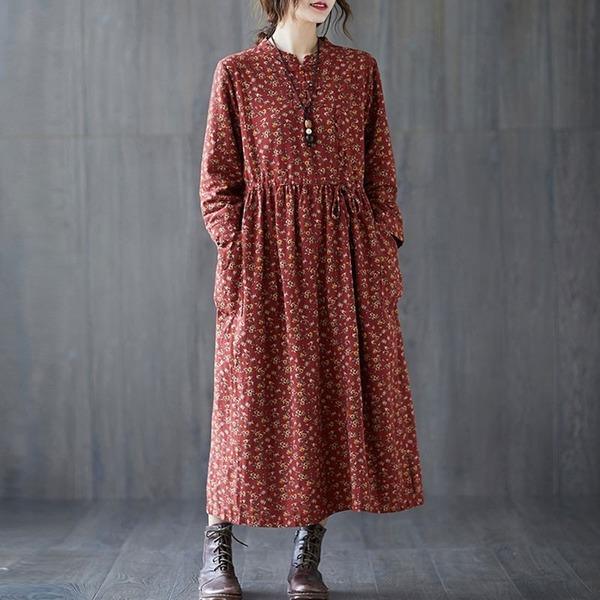 2020 Autumn Vintage Style Floral Print Loose Comfortable Female A-line Dresses - Omychic