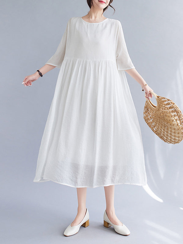 Pleated See-Through Solid Color Split-Joint  Midi Dress