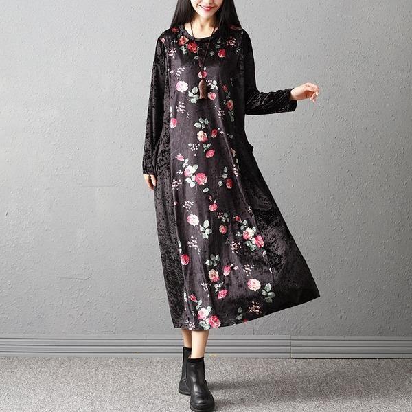 long sleeve plus size velvet vintage floral for women casual loose autumn winter dress - Omychic