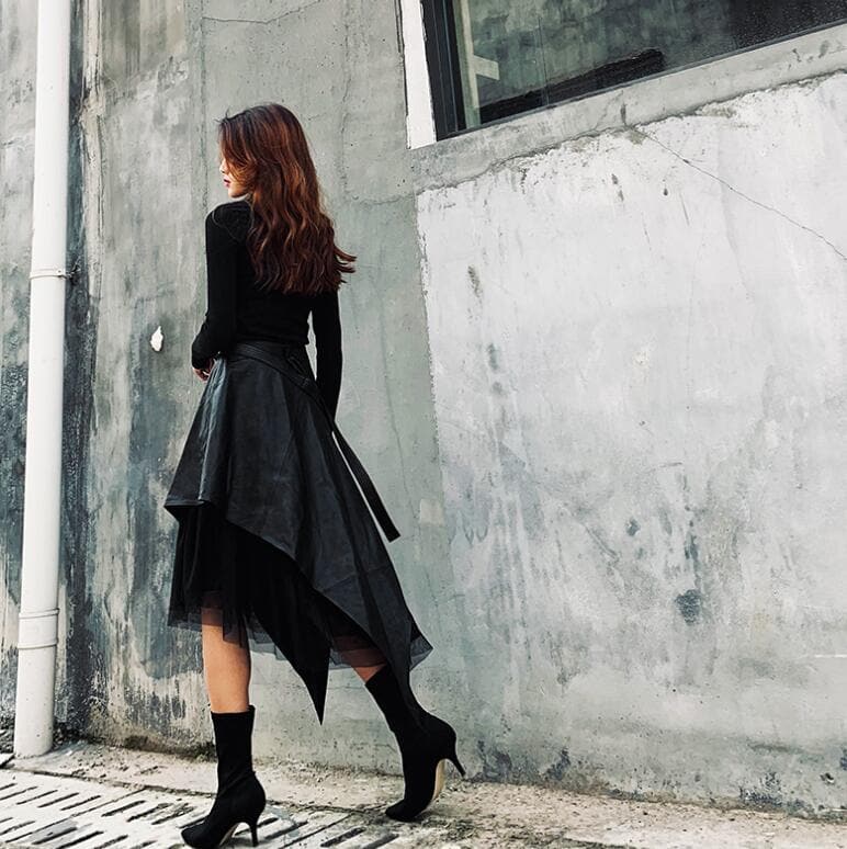 Urban Black Asymmetrical PU Leather Patchwork Tulle Skirt