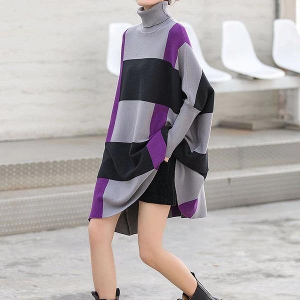 Striped Knitted Dress Fashion New Women Full Sleeve Loose 2020 Winter Pullover Patchwork Small Fresh Casual Dress - Omychic