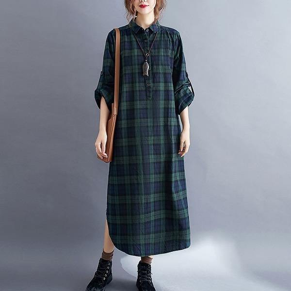 Vintage Plaid Turn-down Collar Loose Female Cotton Linen Long Dresses - Omychic