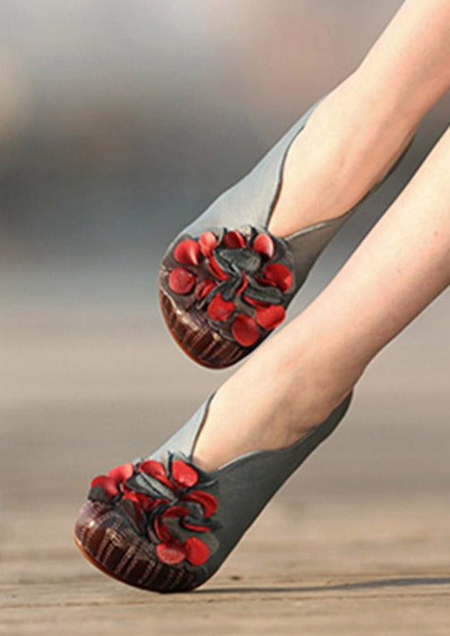 Unique Blue Cowhide Leather Shoes Flower Splicing Chunky High Heels - Omychic