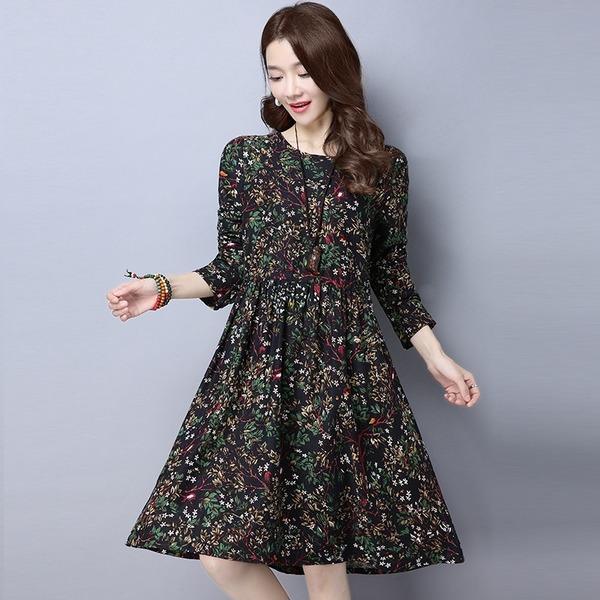 long sleeve plus size cotton linen vintage floral women casual loose midi autumn spring dress  2020 ladies dress - Omychic