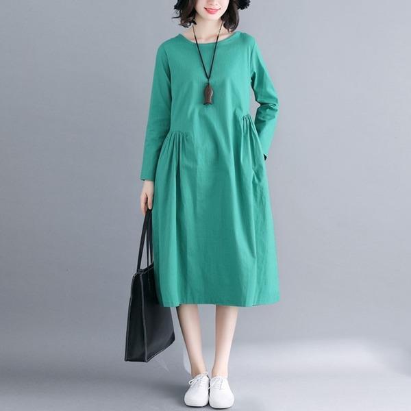 New Arrival 2020 Autumn Simple Style Vintage Solid Color Loose Dress - Omychic