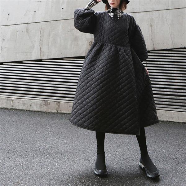 2020 New Autumn V-collar 3/4 Sleeve Black Long Bandage Cotton-padded Coat - Omychic