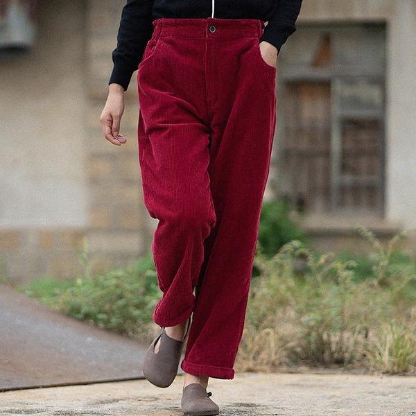 Women Autumn Winter Elastic Waist Corduroy Pants - Omychic