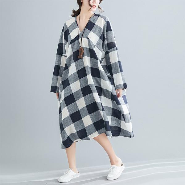 long sleeve cotton linen vintage plaid plus size women casual loose midi autumn party dress - Omychic