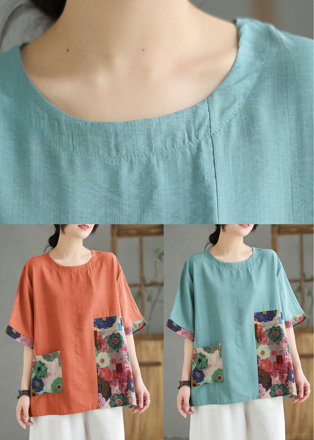 Women Orange O Neck Print Patchwork Linen T Shirt