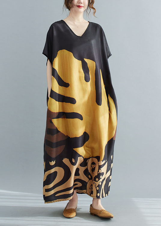 Loose Black V Neck Oversized Leaf Print Chiffon Long Dress