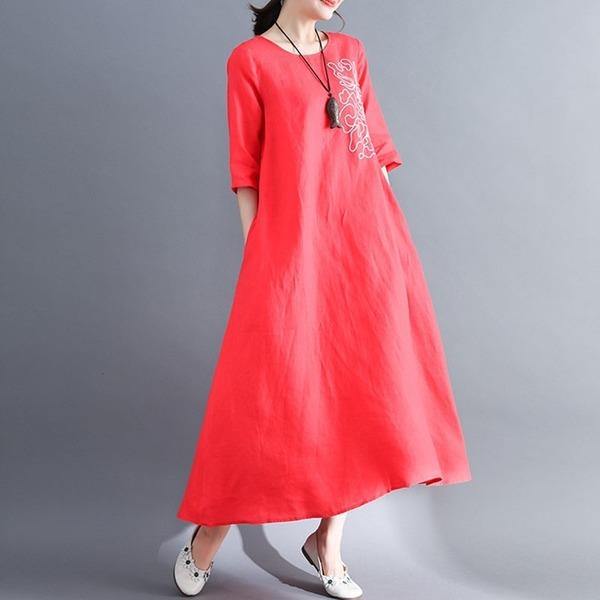 2020 Simple Style Vintage Embroidery Loose Comfortable Female Casual Dresses - Omychic