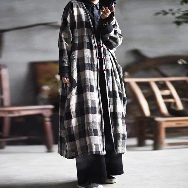 Women Cotton Linen Trench Vintage Coats Pockets Plaid Long Sleeve Casual Women Cloths V-neck Trench - Omychic