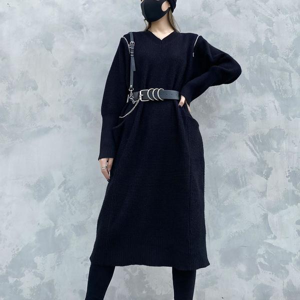 Pleated Dress Knitted Women Fashion New 2020 Black Full Sleeve Pullover Pocket Goddess Fan Casual Style Dress - Omychic