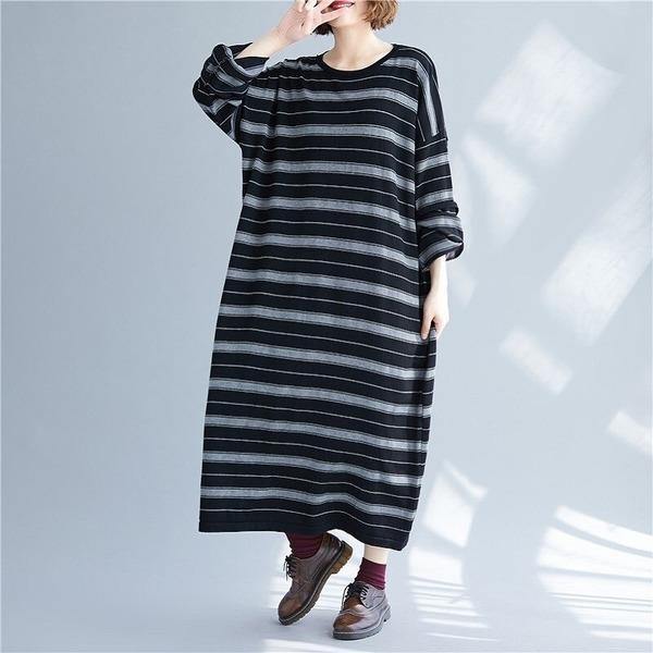 long sleeve knitted plus size vintage stripe women causal loose autumn winter Sweater dress - Omychic